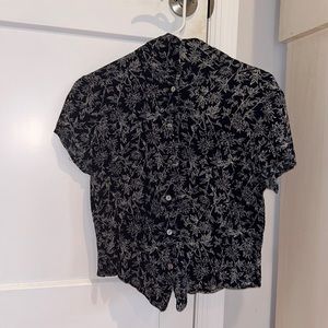 Navy Blue Floral Button Up Top